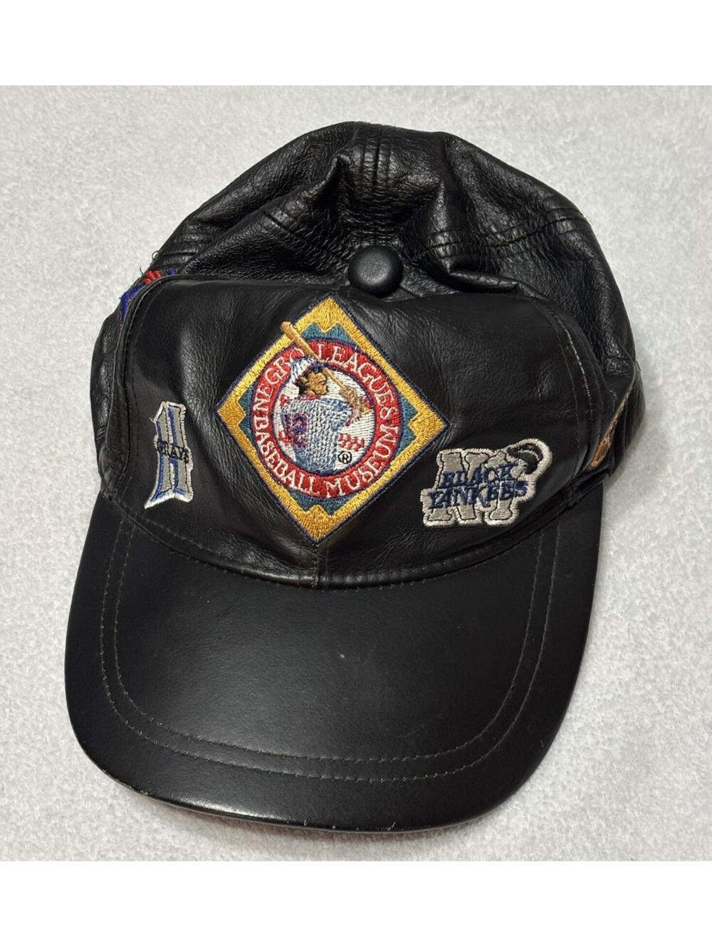 J-Head Black Leather Hat Cap || NLB Baseball Museum Patches Size S/M